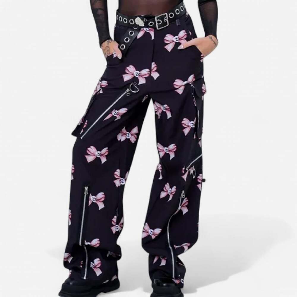 Black Bow Skull Print Cargo Trousers